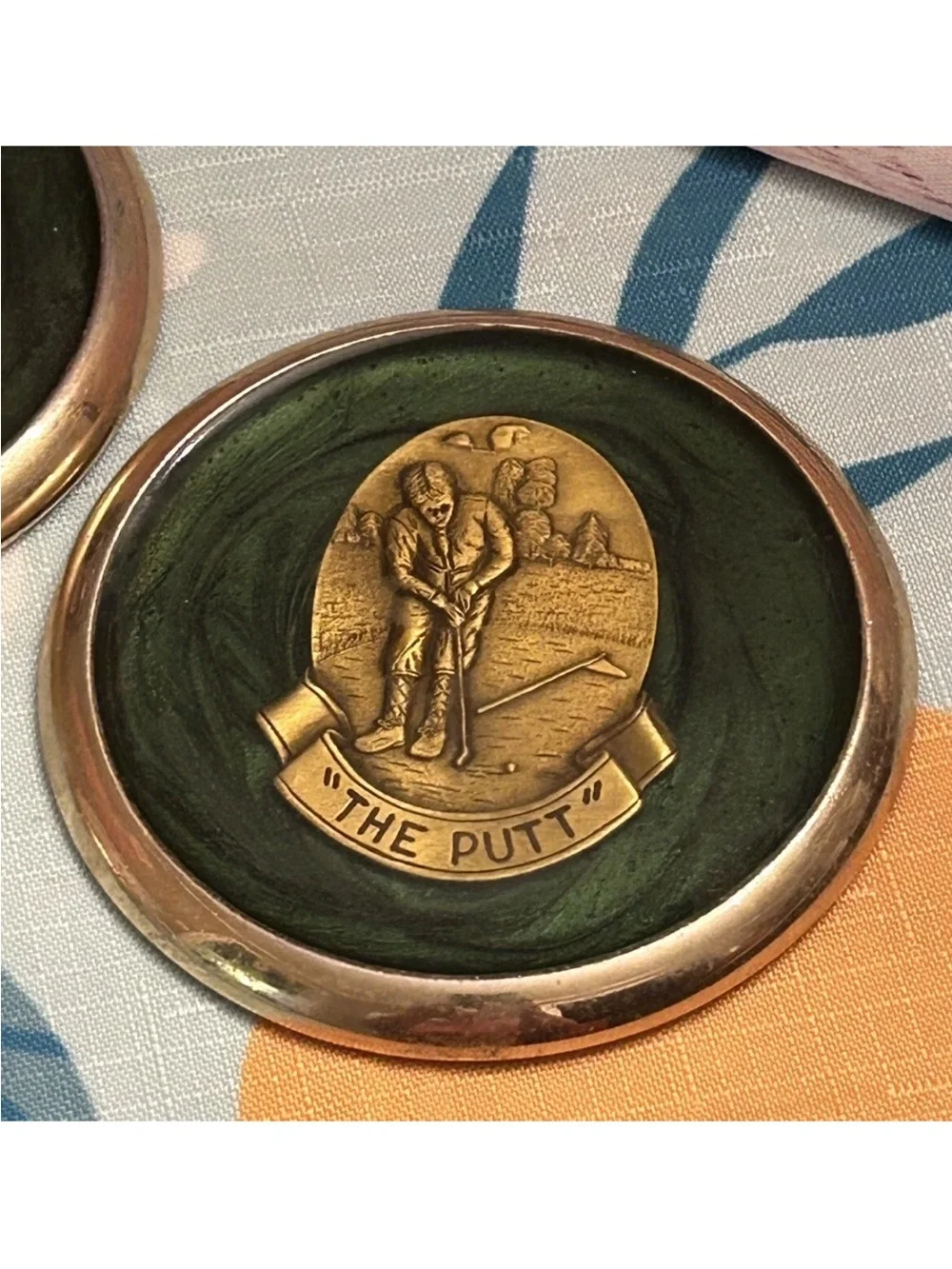 Golf Coasters Brass Medallion Set Heavy Green Marbled 4 Drive Fairway Sand Putt